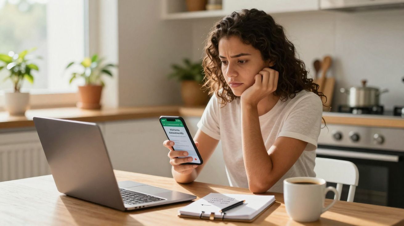 Jeune femme préoccupée assise à une table avec un ordinateur portable, un téléphone et une tasse de café en cuisine.