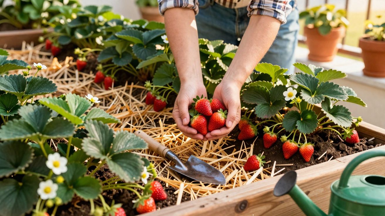 Personne récoltant des fraises mûres dans un potager surélevé entouré de plants verts et fleurs blanches.