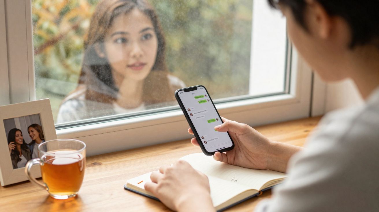 Personne utilisant un smartphone pour envoyer des messages, avec une autre personne visible par la fenêtre.