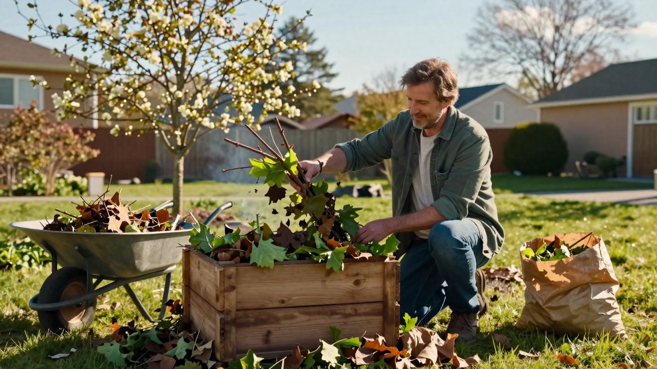 Homme jardinant en plein air, entouré de feuilles mortes, une brouette et un sac en papier à ses côtés.