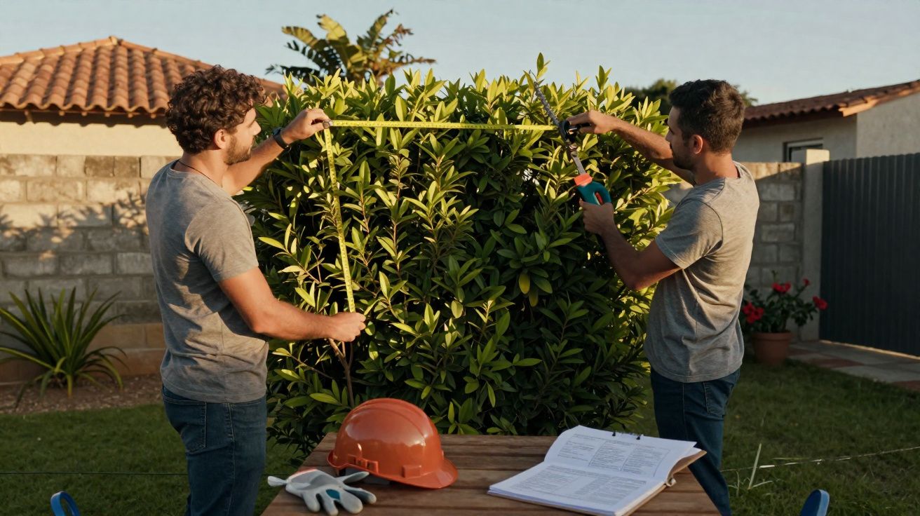 Deux hommes taillent une haie verte dans un jardin ensoleillé près d'une table avec casque et gants.