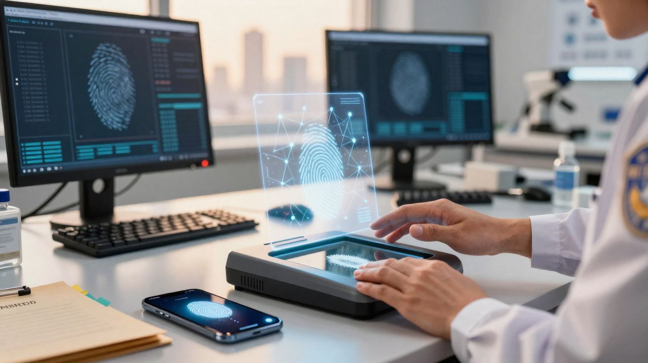 Technicien en laboratoire analysant une empreinte digitale avec un scanner biométrique et ordinateurs.