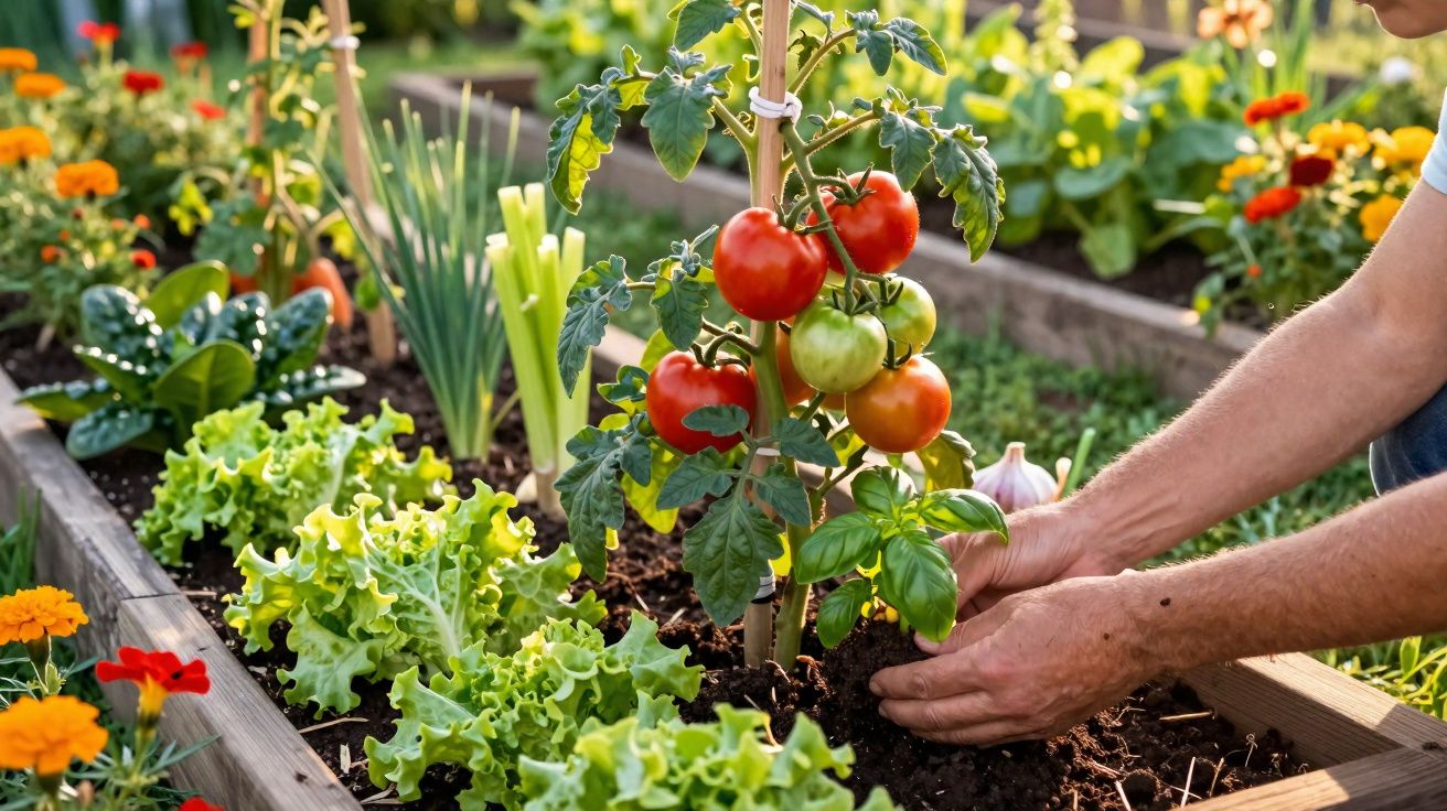 Mains plantant un pied de tomate avec des tomates mûres dans un potager entouré de laitue et fleurs.