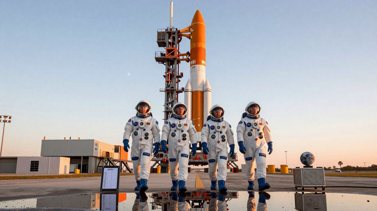 Quatre astronautes en combinaison marchant devant une fusée orange et blanche sur une plateforme au coucher du soleil.