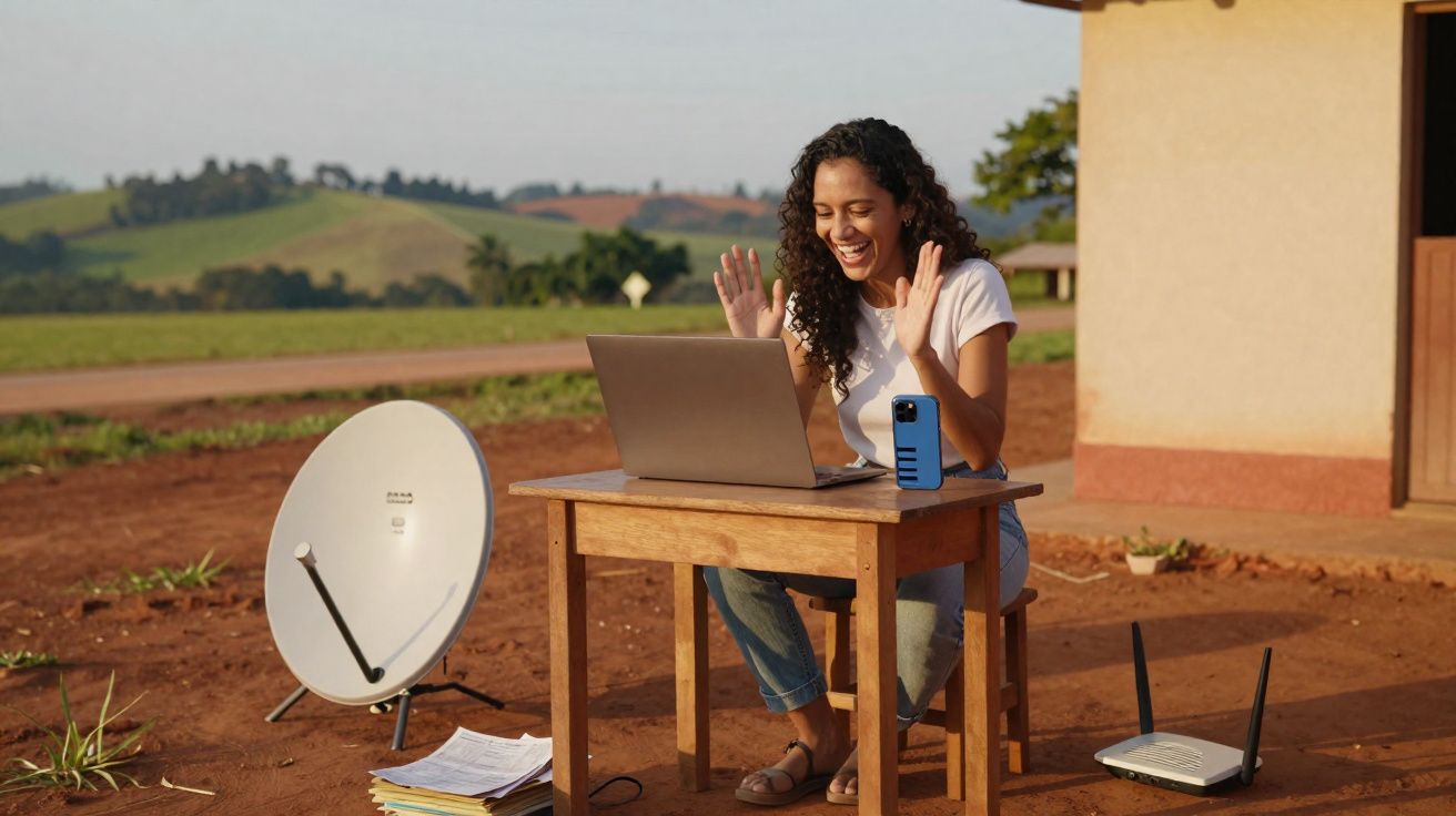 Jeune femme souriante utilisant un ordinateur portable dehors, avec antenne parabolique et routeur sur sol rouge.