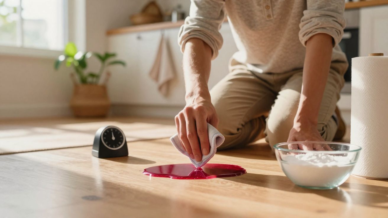 Personne en train d'essuyer une tache de liquide rouge sur un sol en bois clair avec un chiffon.