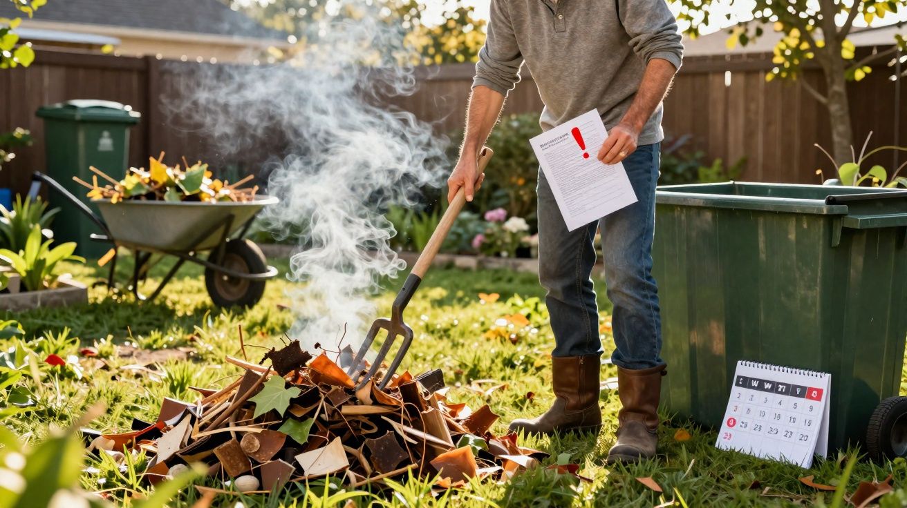 Personne brûlant des feuilles mortes dans le jardin, tenant un document avec un point d'exclamation rouge.