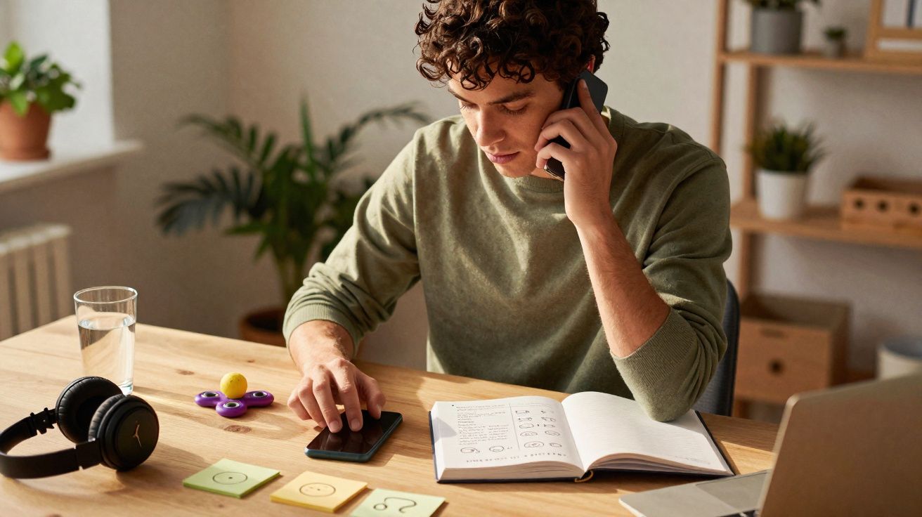 Jeune homme parlant au téléphone tout en consultant un carnet de notes à son bureau avec un ordinateur portable.