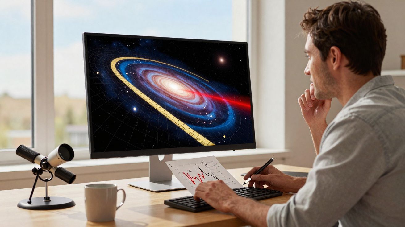 Homme étudiant une galaxie sur un écran d’ordinateur avec un graphique en main, télescope posé sur une table.