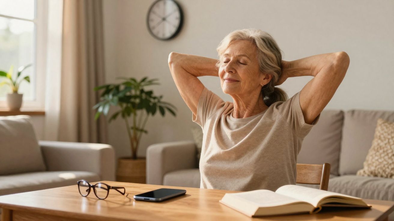 Femme âgée détendue assise à une table avec livre, téléphone et lunettes, yeux fermés, mains derrière la tête.