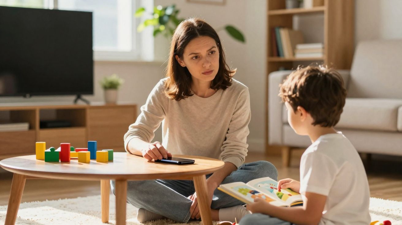 Une femme assise à une table basse écoute un enfant lire un livre dans un salon lumineux.