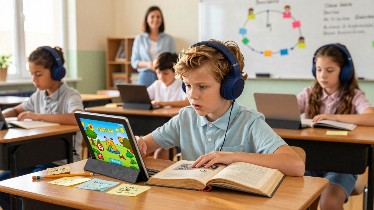 Élèves en classe portant des casques, utilisant des tablettes et lisant des livres, avec une enseignante en arrière-plan.