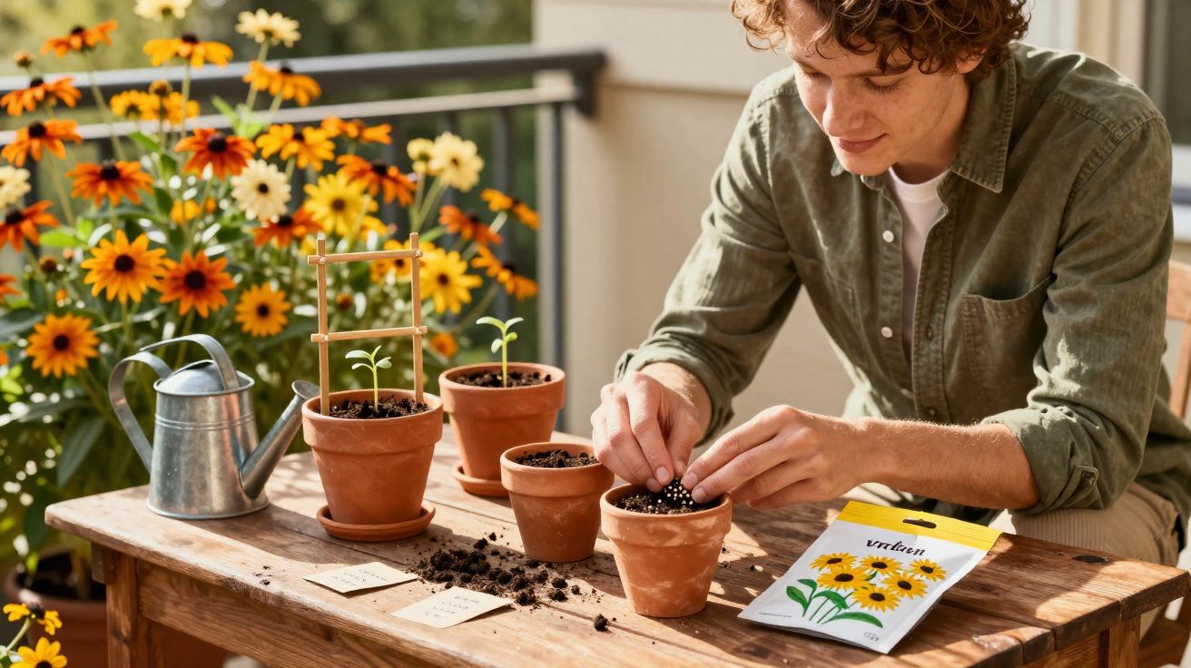 Jeune homme plantant des graines dans des pots en terre sur une table en bois près de fleurs colorées.