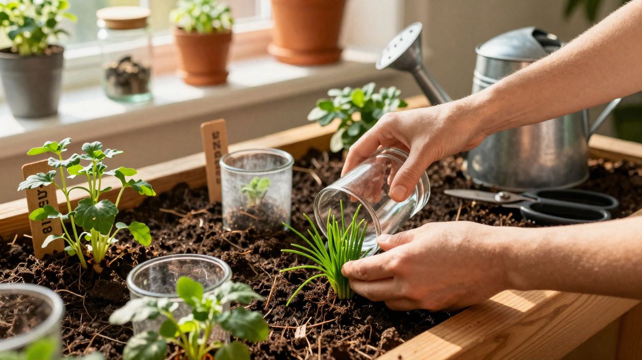 Une personne transplante une jeune plante dans un jardin potager intérieur en bois.