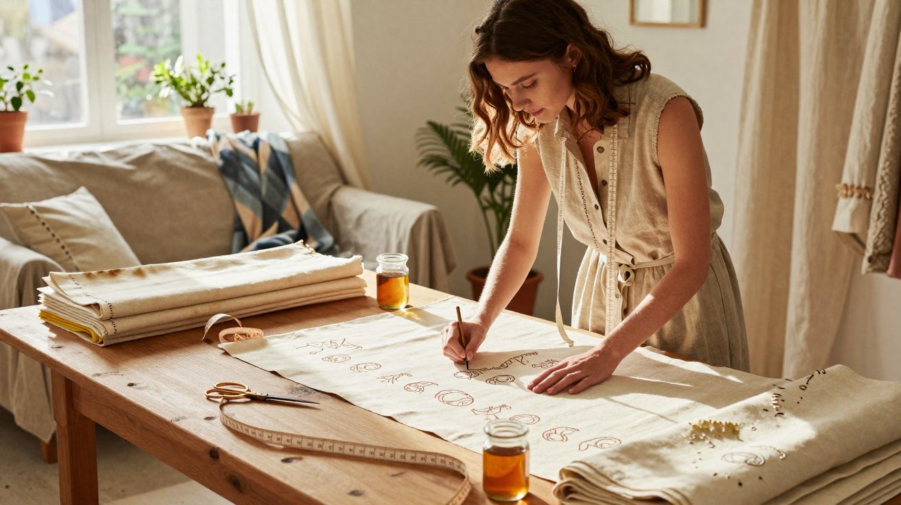 Jeune femme dessinant des motifs sur un tissu clair étalé sur une table en bois dans un atelier lumineux.