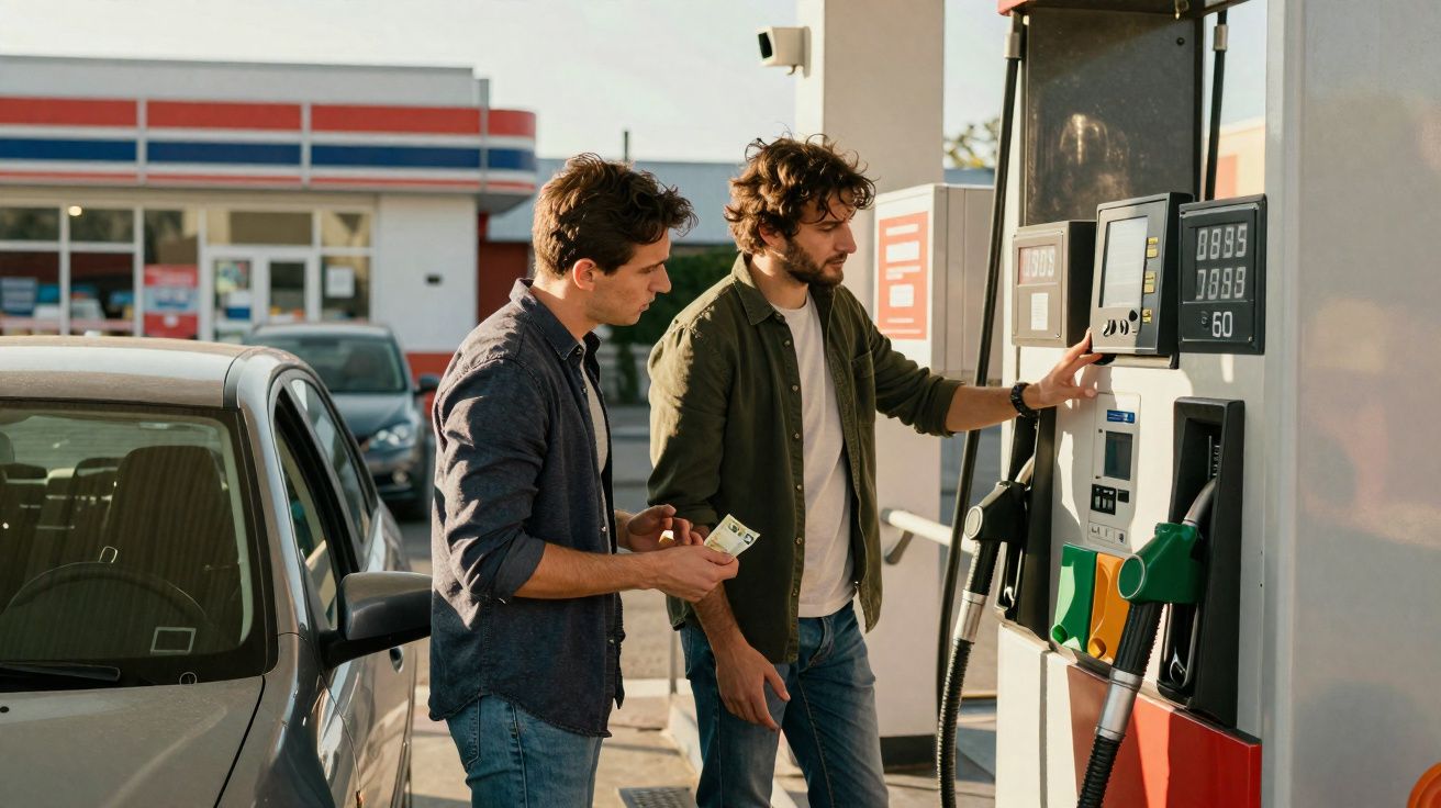 Deux hommes payant à la pompe à essence devant leur voiture dans une station-service au soleil couchant.