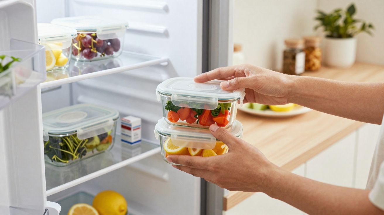 Personne range des tomates cerises et tranches de citron dans des boîtes hermétiques dans un réfrigérateur.