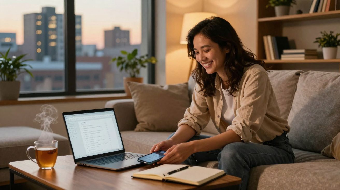 Jeune femme souriante utilisant un smartphone et un ordinateur portable dans un salon confortable le soir.