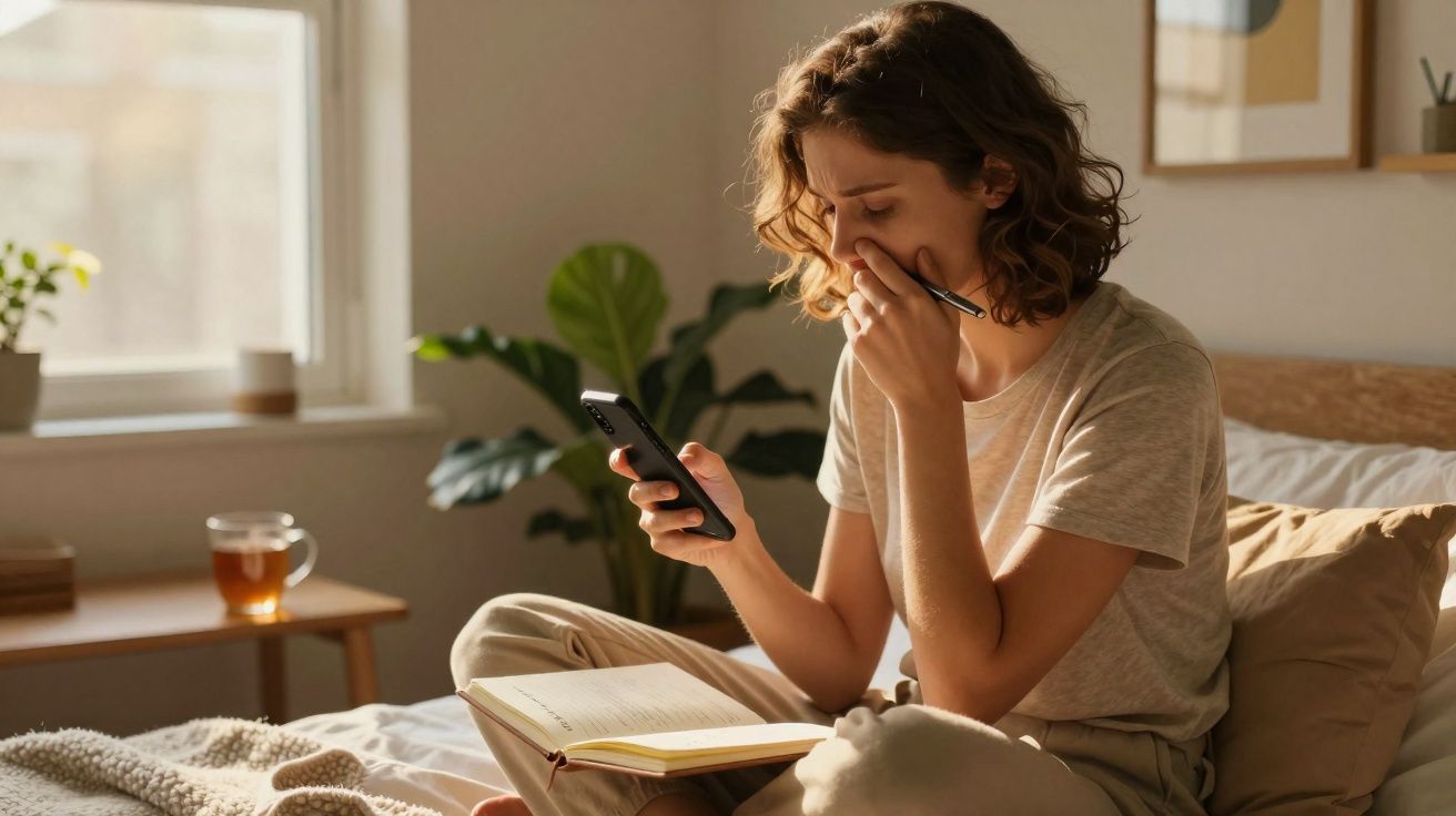 Jeune femme assise sur un lit, lisant un carnet et regardant son téléphone avec une expression pensive.