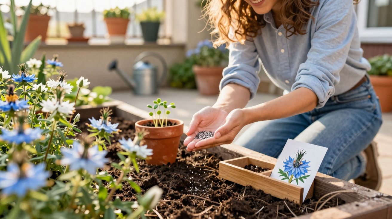 Femme plantant des graines dans un jardin en carré avec des fleurs et un arrosoir en arrière-plan.