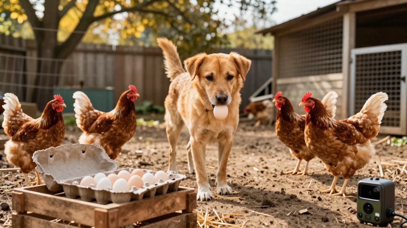 Chien tenant un œuf dans la bouche entouré de poules dans un poulailler avec des œufs dans un carton.
