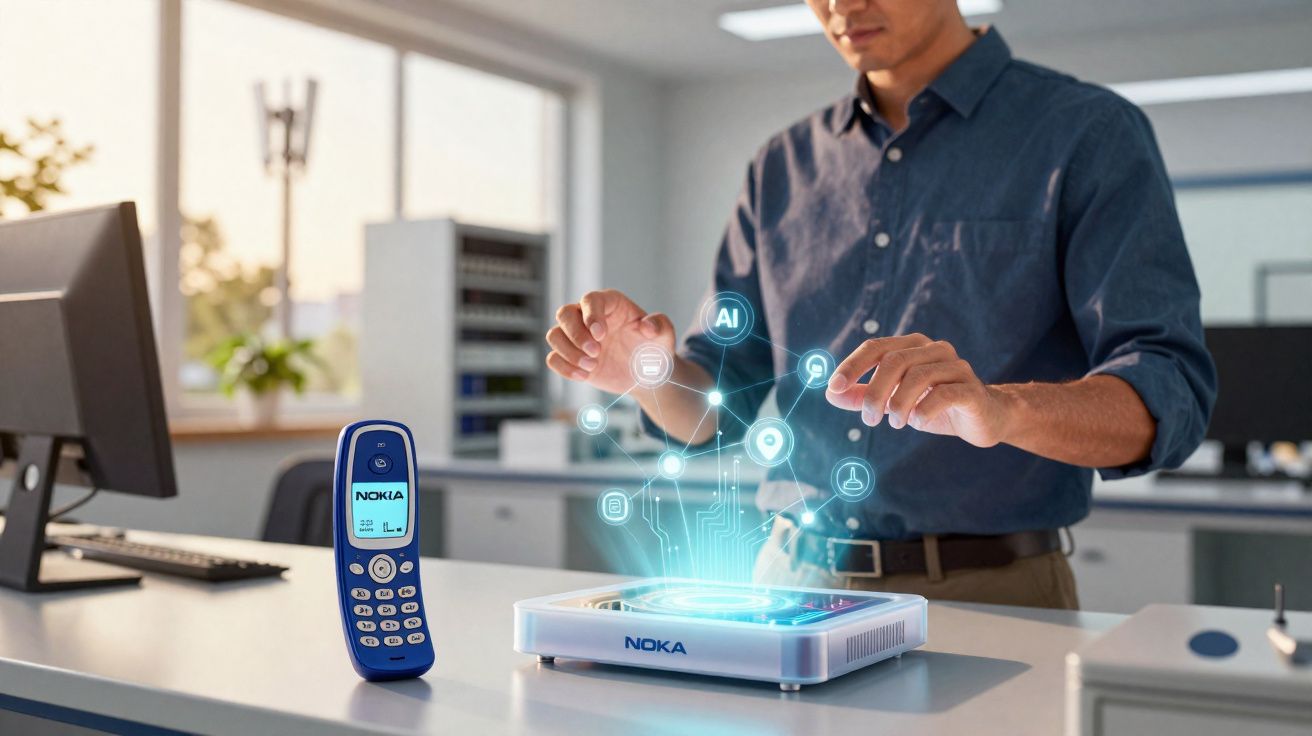 Homme utilisant un dispositif holographique Noka avec un vieux téléphone Nokia sur un bureau en bureau moderne.