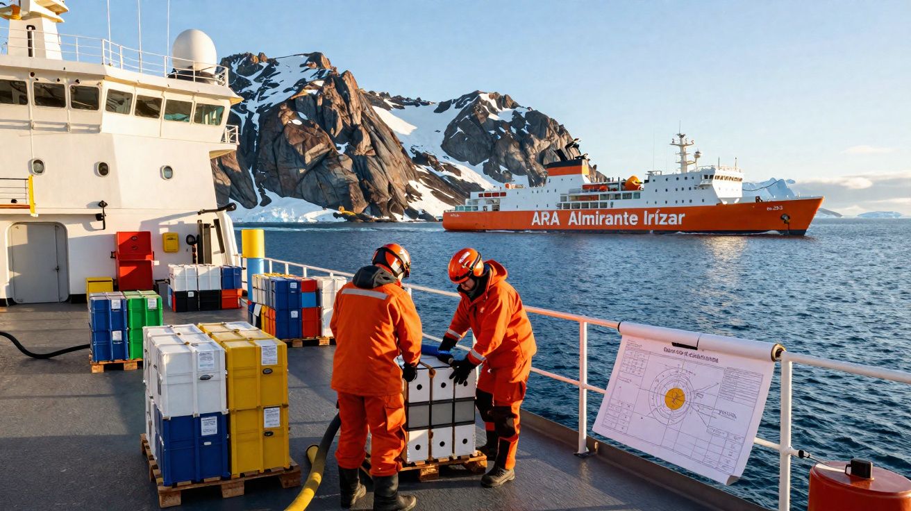 Personnel en combinaison orange manipulant des caisses sur un bateau avec un autre navire et des montagnes enneigées en arriè
