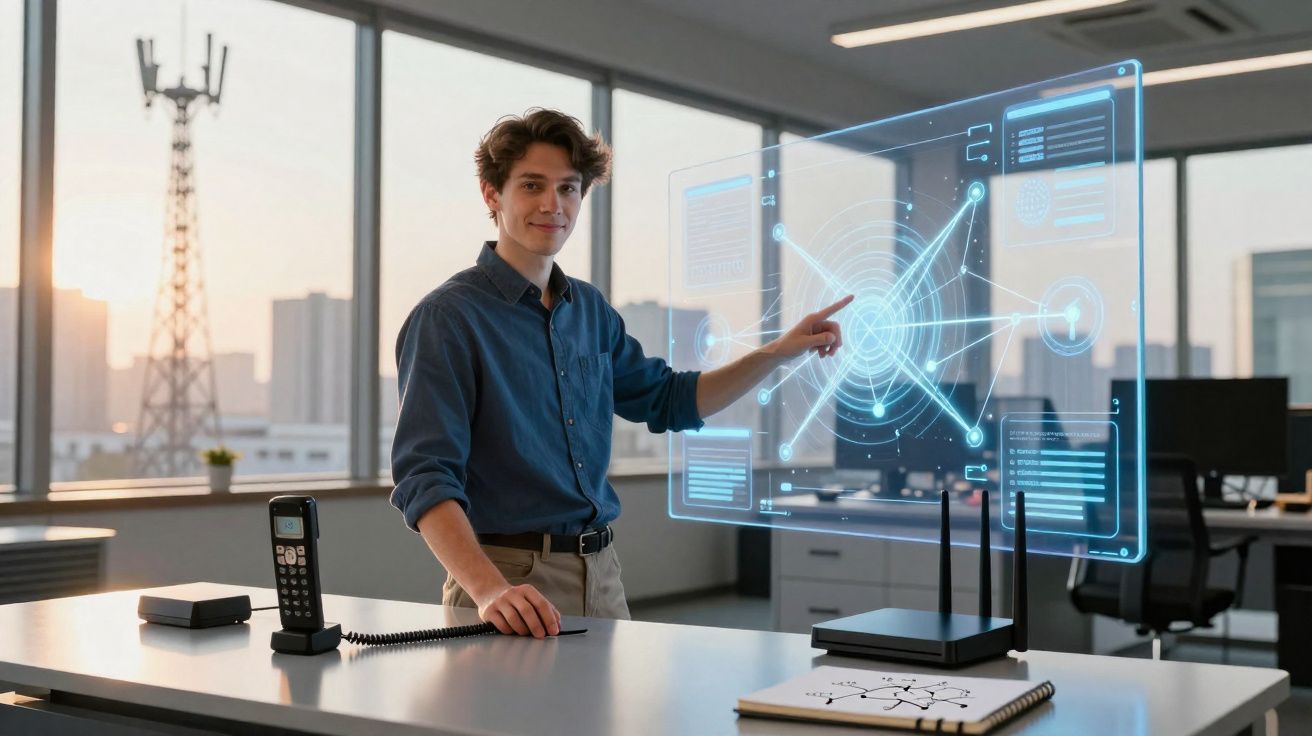 Homme en chemise bleue interagissant avec une interface holographique futuriste dans un bureau moderne.