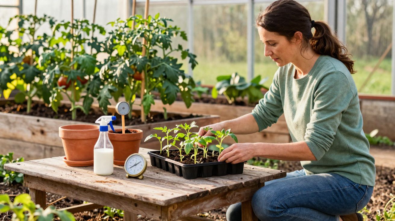 Femme soignant des jeunes plants dans une serre avec outils de jardinage sur une table en bois.