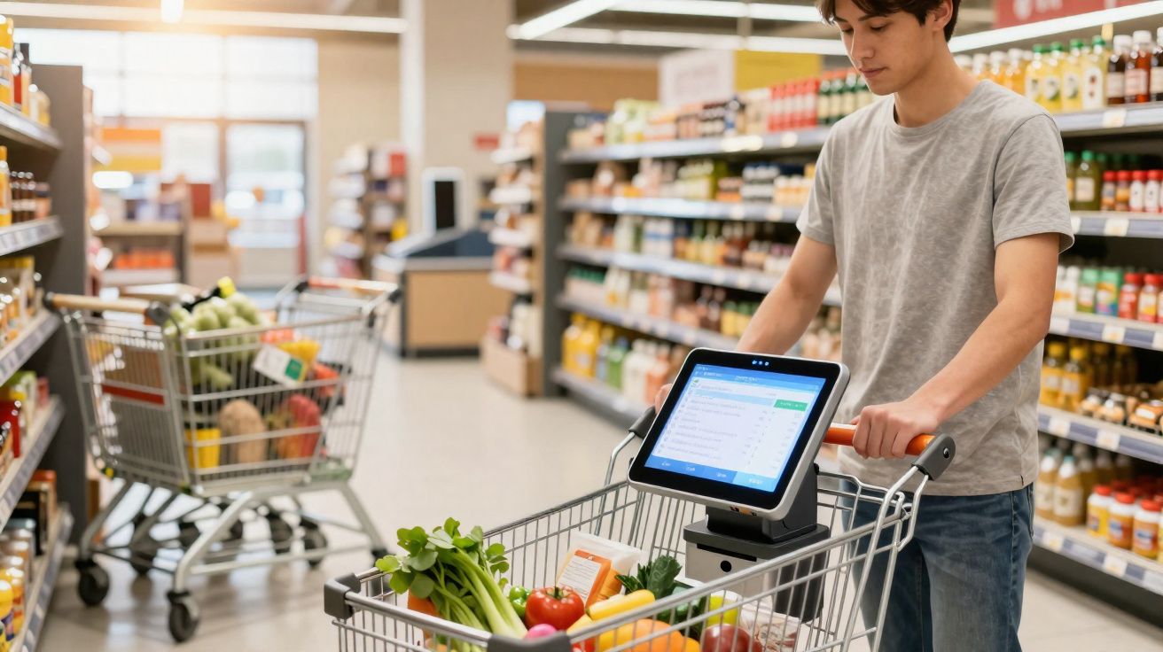 Jeune homme faisant ses courses dans un supermarché avec un chariot équipé d'un écran tactile.