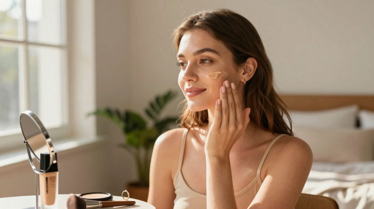 Jeune femme appliquant du maquillage sur son visage, assise près d'une fenêtre lumineuse dans une chambre.