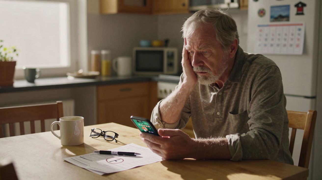 Homme âgé stressé regarde son téléphone à table avec papier marqué d'un "F" et lunettes posés dessus.