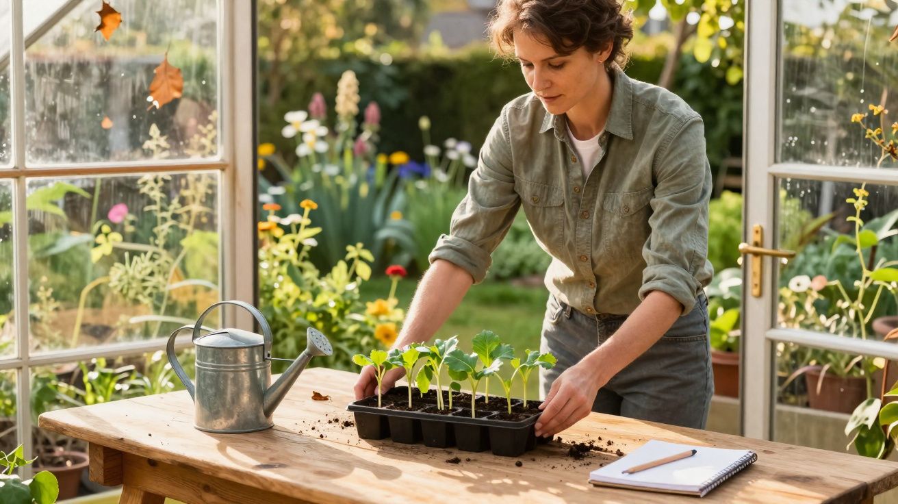 Femme en chemise verte prenant soin de plants en pot sur une table en bois dans une serre lumineuse.