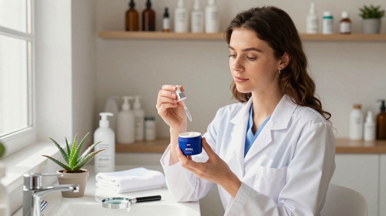 Jeune femme en blouse blanche tenant un pot de crème Nivea et un compte-gouttes dans un cabinet lumineux.