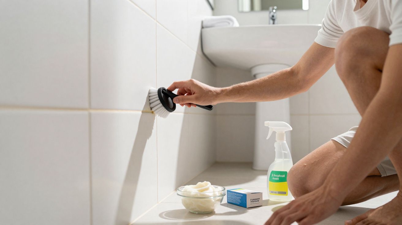 Personne nettoyant les joints de carrelage avec une brosse dans une salle de bain moderne.