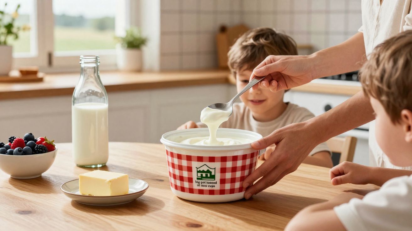 Personne servant du yaourt dans un bol avec enfants assis à une table en bois dans une cuisine lumineuse.