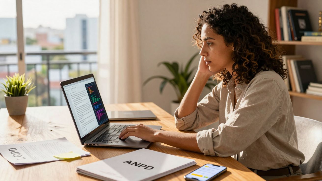 Jeune femme concentrée travaillant sur ordinateur portable avec documents sur la loi ANPD dans un bureau lumineux.