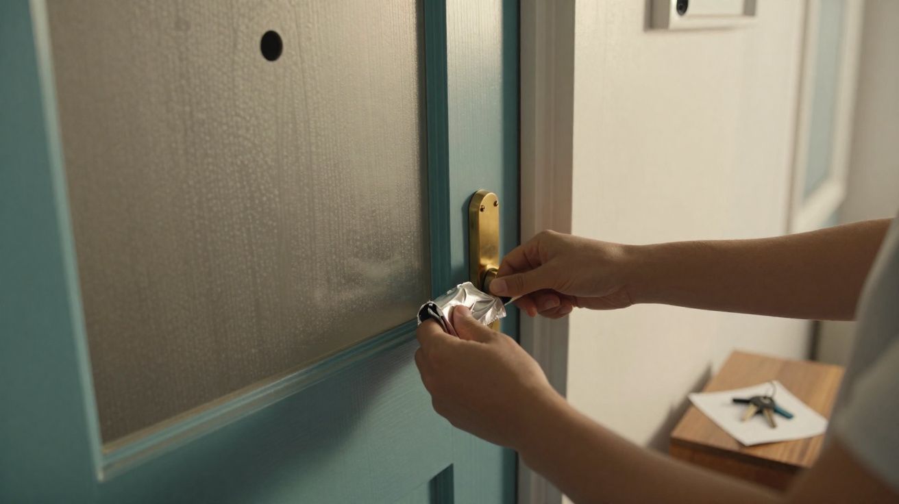 Une personne nettoie une poignée de porte en métal doré avec un chiffon blanc.