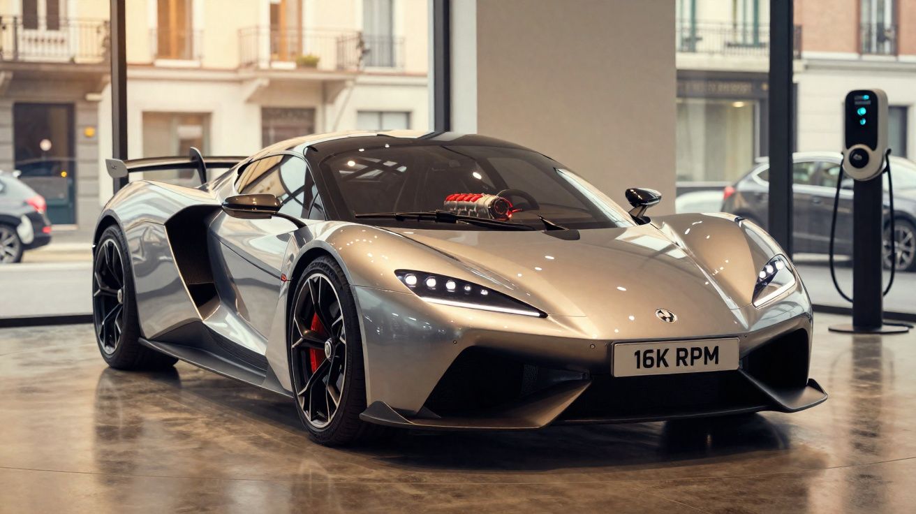 Voiture de sport grise électrique avec éclairage LED, exposée dans un showroom moderne lumineux en ville.