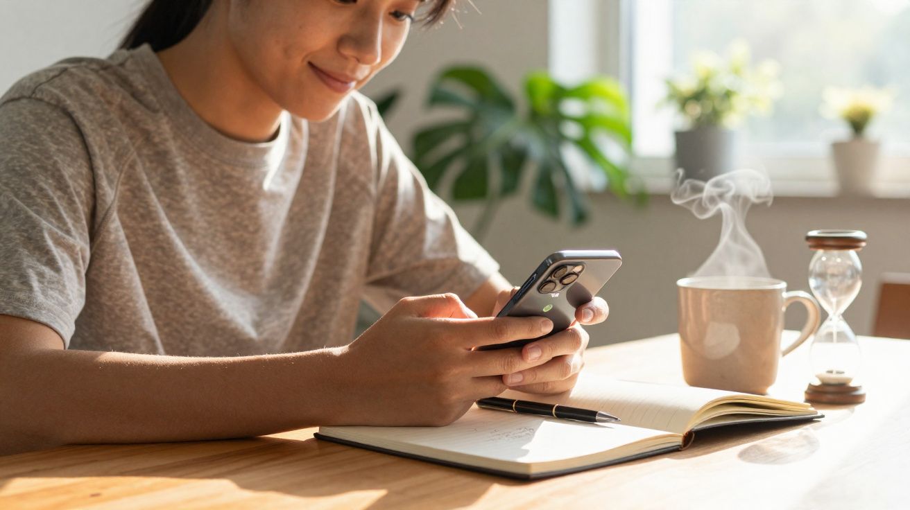 Personne souriante utilisant un smartphone à table avec carnet ouvert, stylo, tasse fumante et sablier.