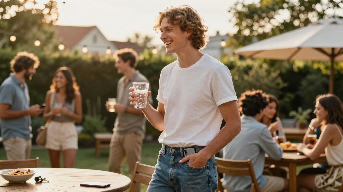 Jeune homme souriant tenant un verre d'eau lors d'une réunion extérieure entre amis en fin de journée.