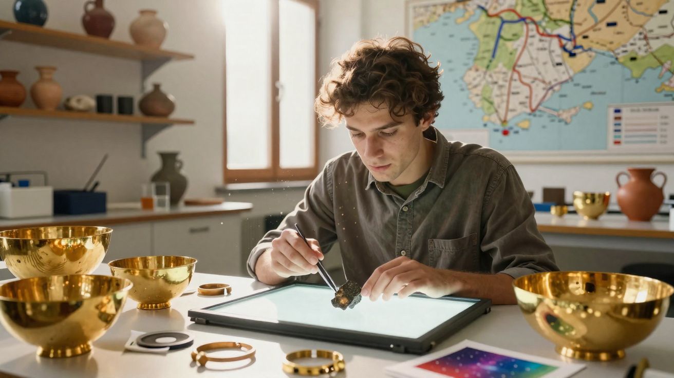 Jeune homme étudiant un objet ancien avec une pince sur une table lumineuse, entouré de bols en or.