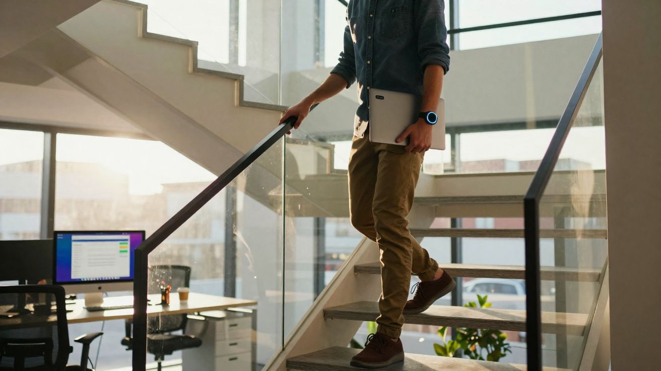Homme descendant un escalier en tenant un ordinateur portable dans un bureau lumineux moderne.