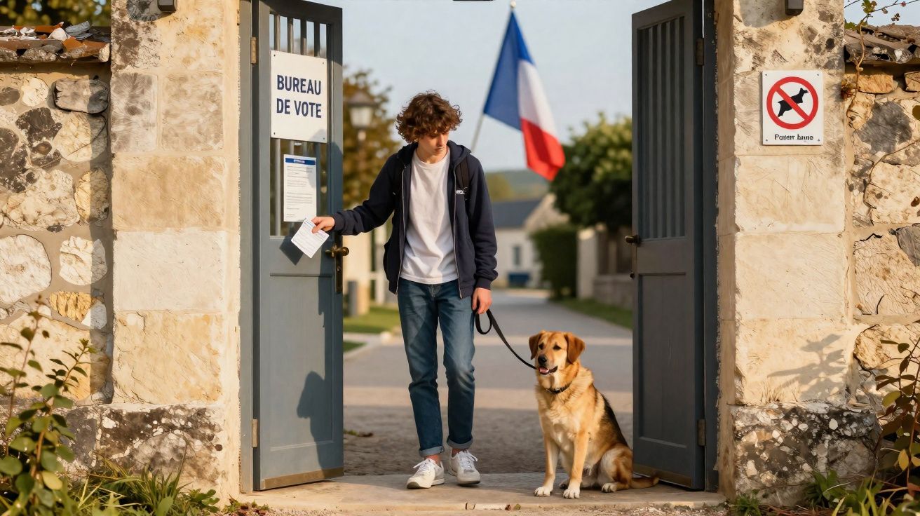 Un jeune garçon tenant un bulletin de vote ouvre la porte d'un bureau de vote avec un chien assis à côté.
