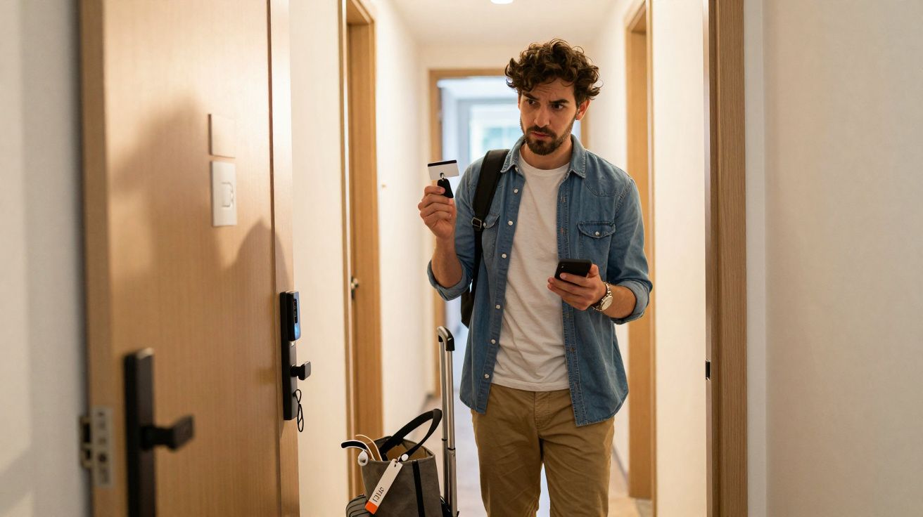 Jeune homme avec valise et sac à dos utilise une carte d'accès pour entrer dans une chambre d'hôtel.