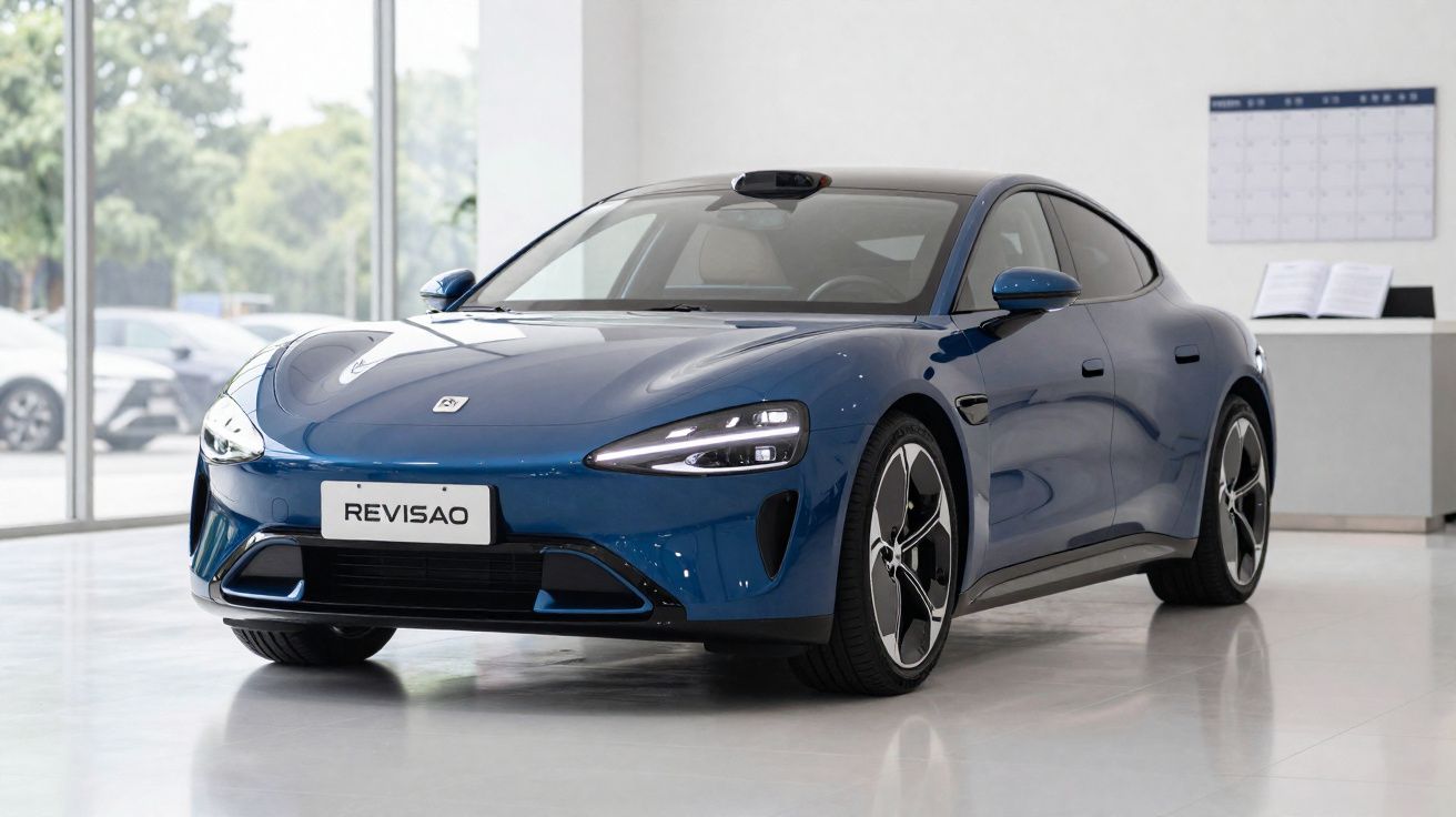 Voiture électrique bleue brillante garée dans un showroom moderne avec grandes fenêtres.