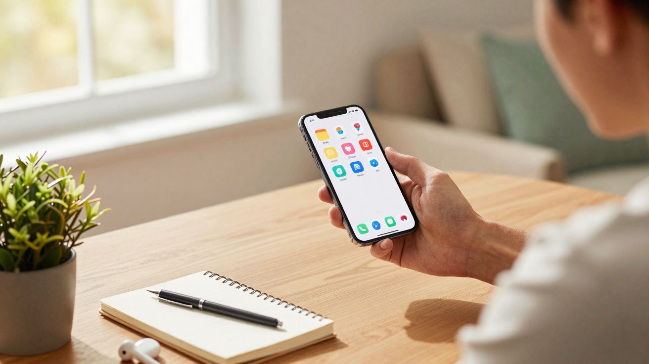 Personne tenant un smartphone affichant des applications, devant un carnet, un stylo et une plante sur une table.