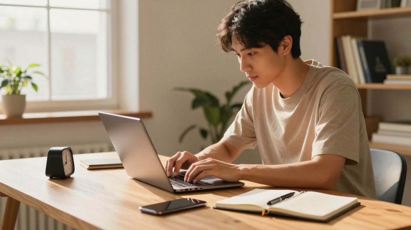 Jeune homme concentré utilisant un ordinateur portable à une table en bois avec carnet et smartphone près de lui.