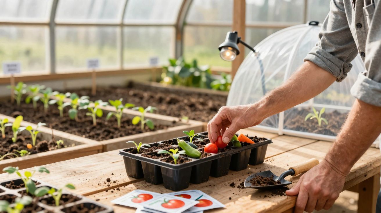 Personne plantant des graines de tomates en serre avec des jeunes pousses et un petit outil de jardinage sur une table.