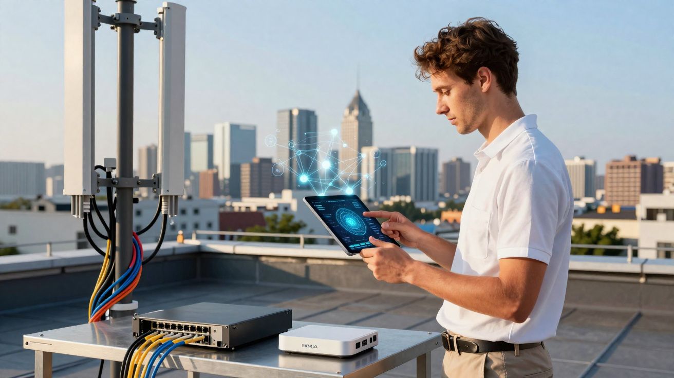 Jeune homme utilisant une tablette près d'une antenne relais sur un toit en milieu urbain.